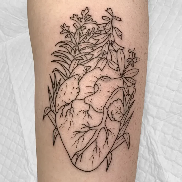 A fine line tattoo of a heart with trees and flowers growing out of it