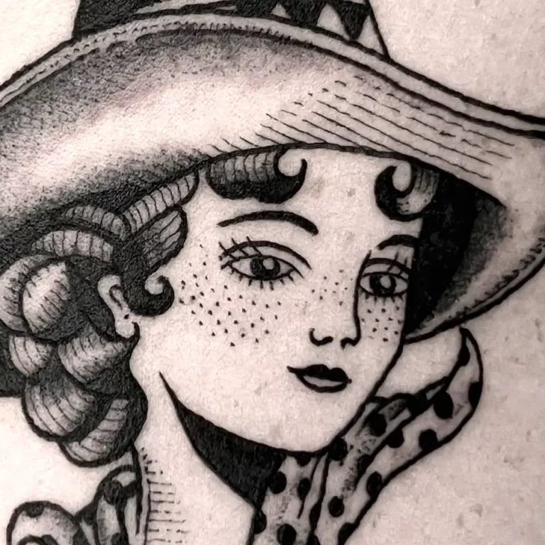 Black ink and dot work tattoo style of a cowgirl