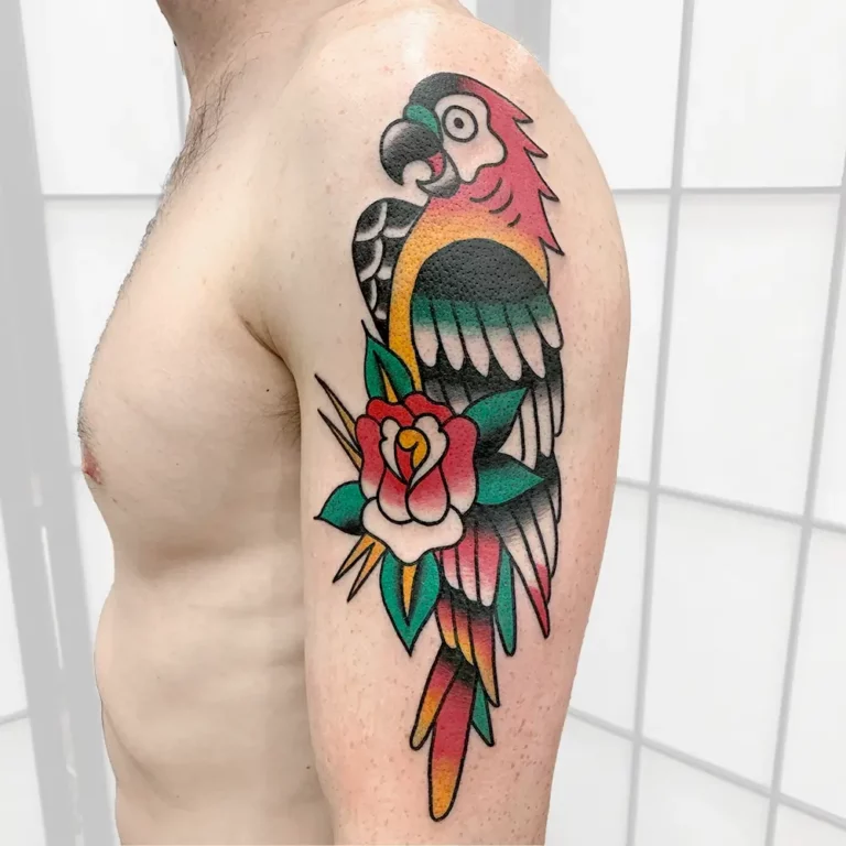American traditional tattoo of a parrot with a rose
